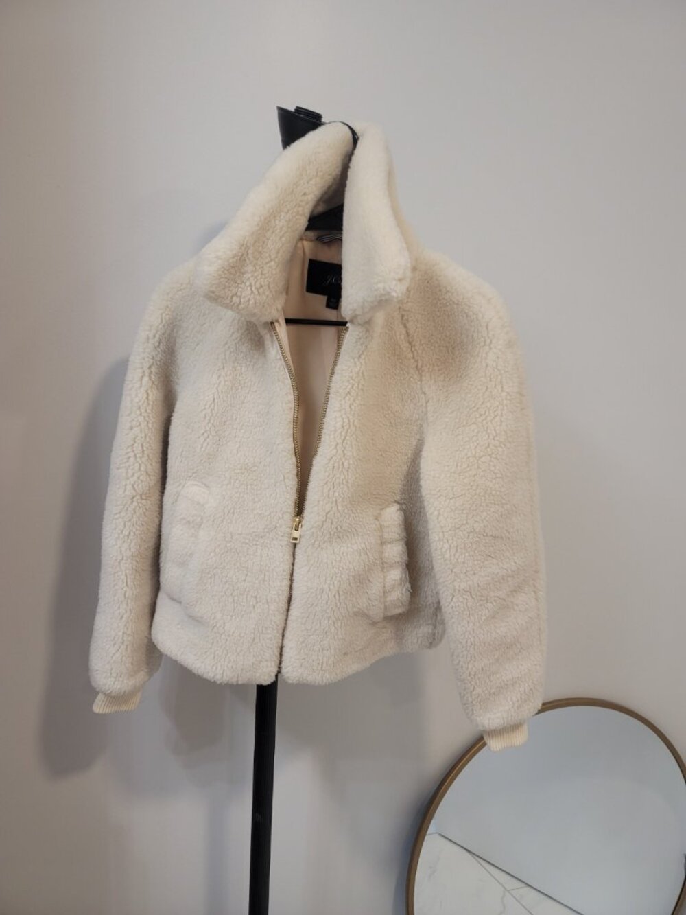 J Crew Sherpa Zip Up Bomber Jacket Cream Faux Shearling Fleece Womens Xs - Picture 2 of 7